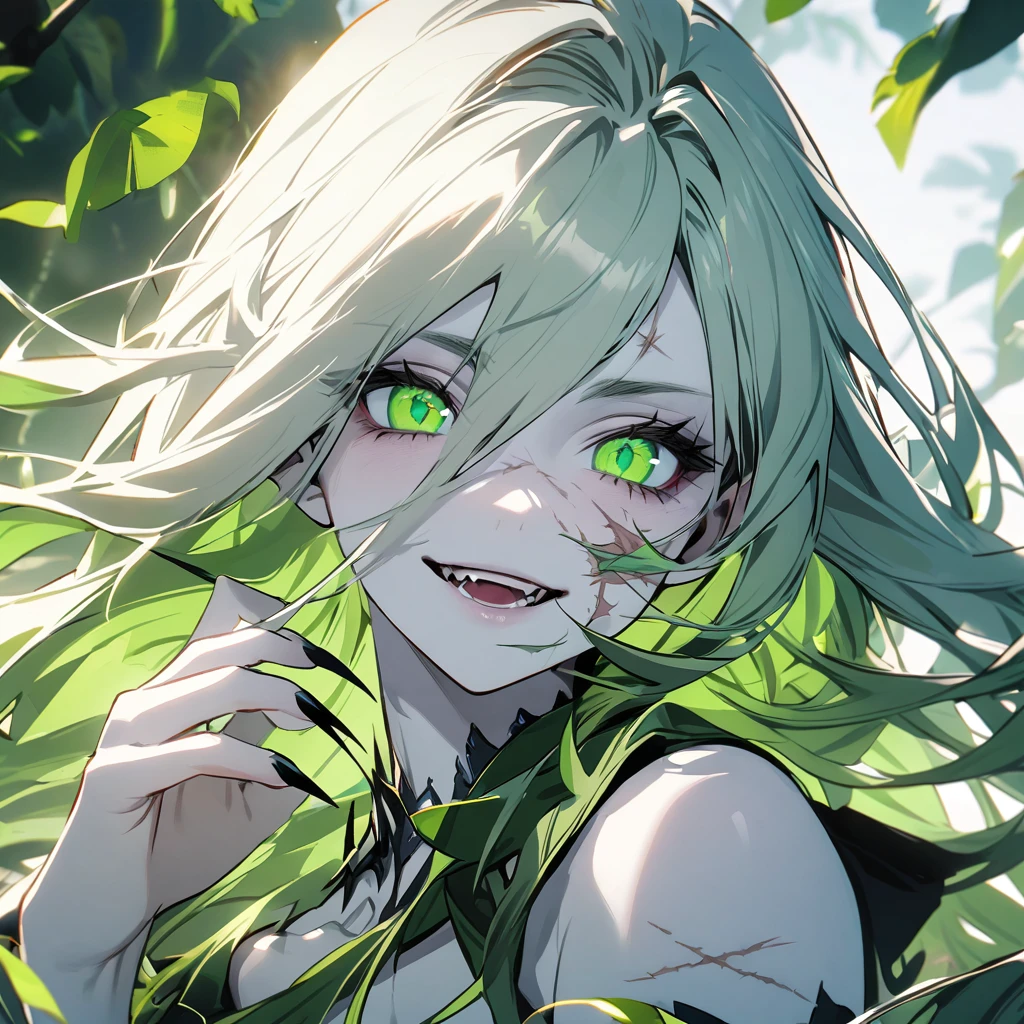 A young girl with long hair and bright green eyes. A pale skin with some scars on the face, sharp nails with a smile 
