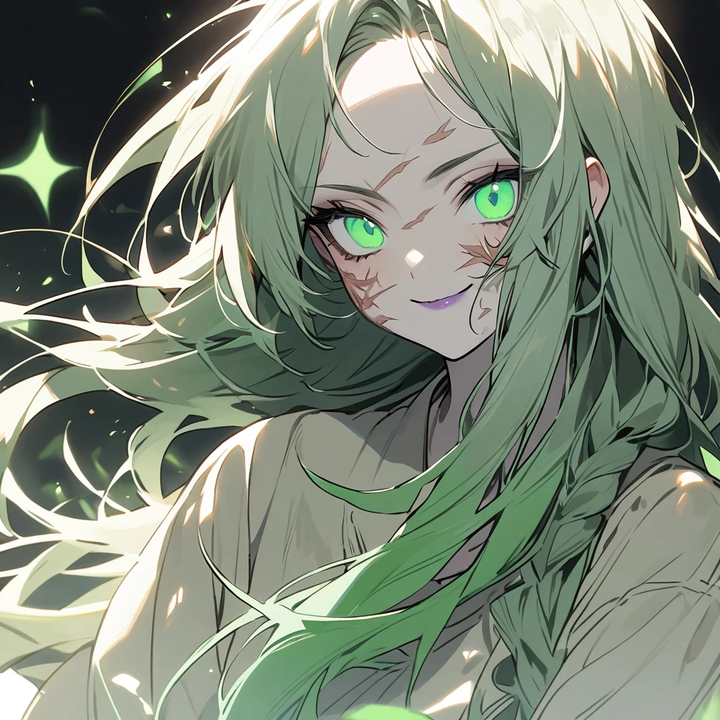 A young girl with long hair and bright green eyes. A pale skin with some scars on the face, sharp nails with a smile