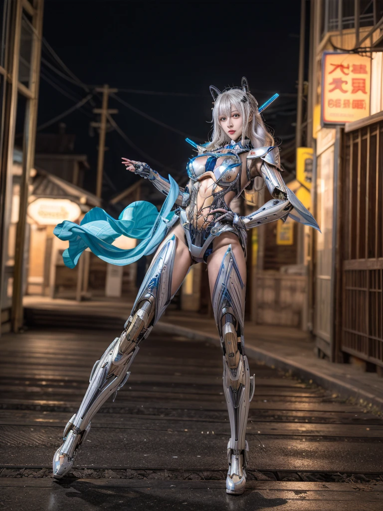 Super Detail, High Detail, high quality, best quality, High resolution，1 female robot，Beautiful female robot,beautiful clear face(Rain waves_haneame：1.5)， Realistic, High resolution, Soft Light,Hips up, (Detailed face), silver hair, long hair, Mecha Maiden, Colorful mechanical parts, mechanical joint, Thick mechanical armor,Weaponry, All metal body, Technology Antenna Hair Accessories