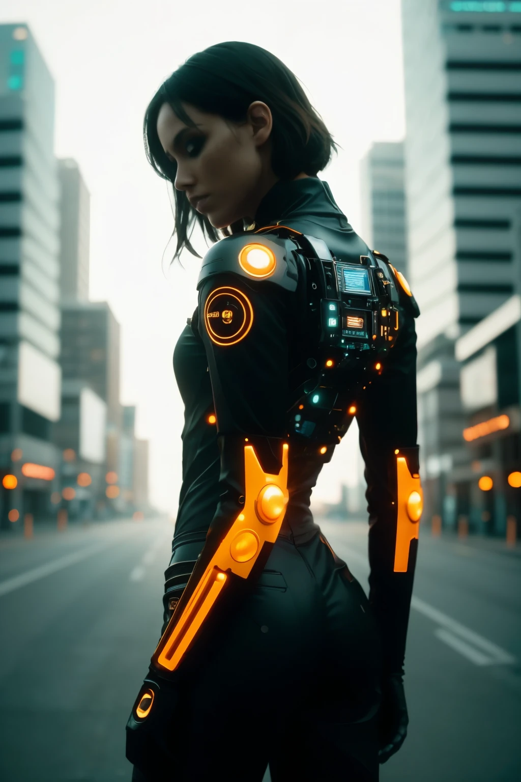 cinematic photo color raw, editorial photograph of a full body android|robot, orange theme MasqueradeFashion style GlitchFashion style, city, background inside, moody, POV, by, spotlight, volumetric, soft rim light, absurdres, hdr, realistic, balanced tones . 35mm photograph, film, bokeh, professional, 4k, highly detailed