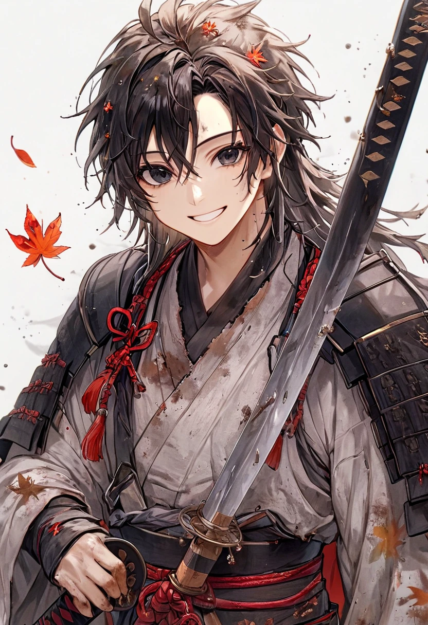 Ronin, Dirty, Boy, Two sword, black eyes, black samurai long unkempt hair, ragged body, gray- white Torn clothes, Smile, Maple leaf background.