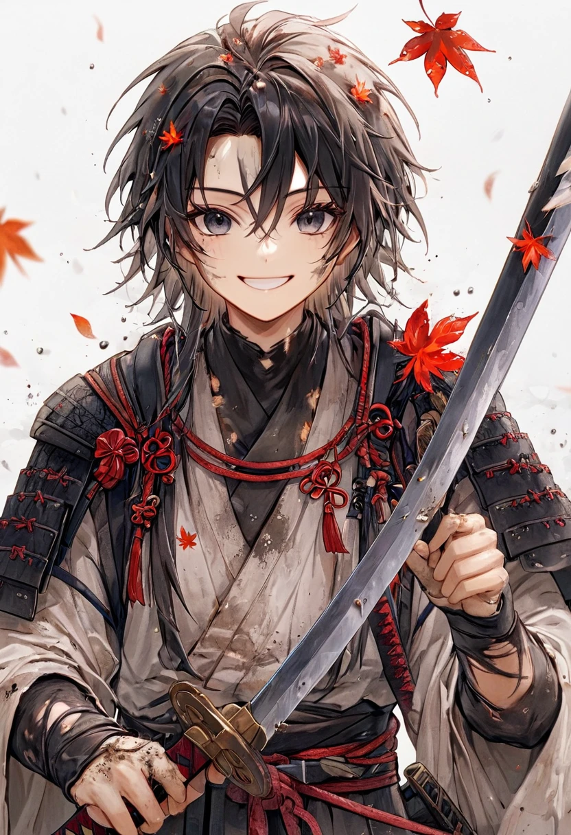 Ronin, Dirty, Boy, Two sword, black eyes, black samurai long unkempt hair, ragged body, gray- white Torn clothes, Smile, Maple leaf background.