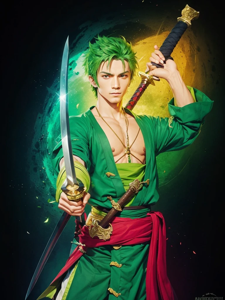 A swordsman, with green clothes, short green hair, with swords in hand.