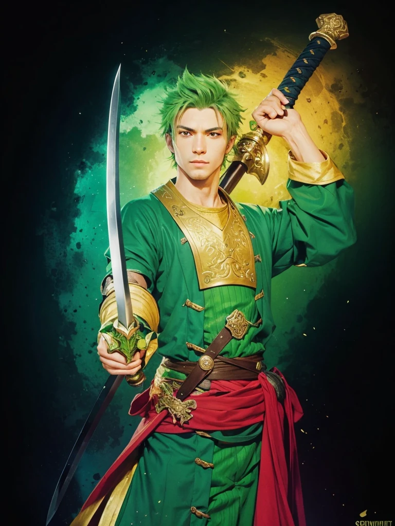 A swordsman, with green clothes, short green hair, with swords in hand.