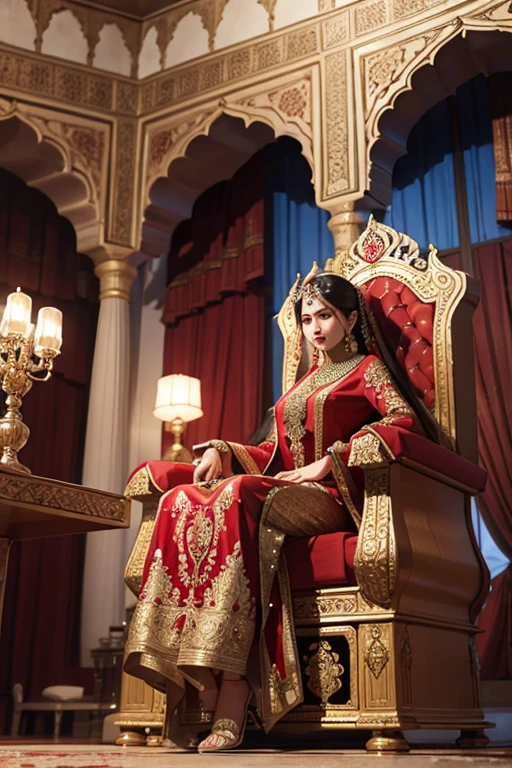 Mughal darbar mein ek royal throne mein ek shehzadi bethi hui hai wo red sharara pehni hui hai 