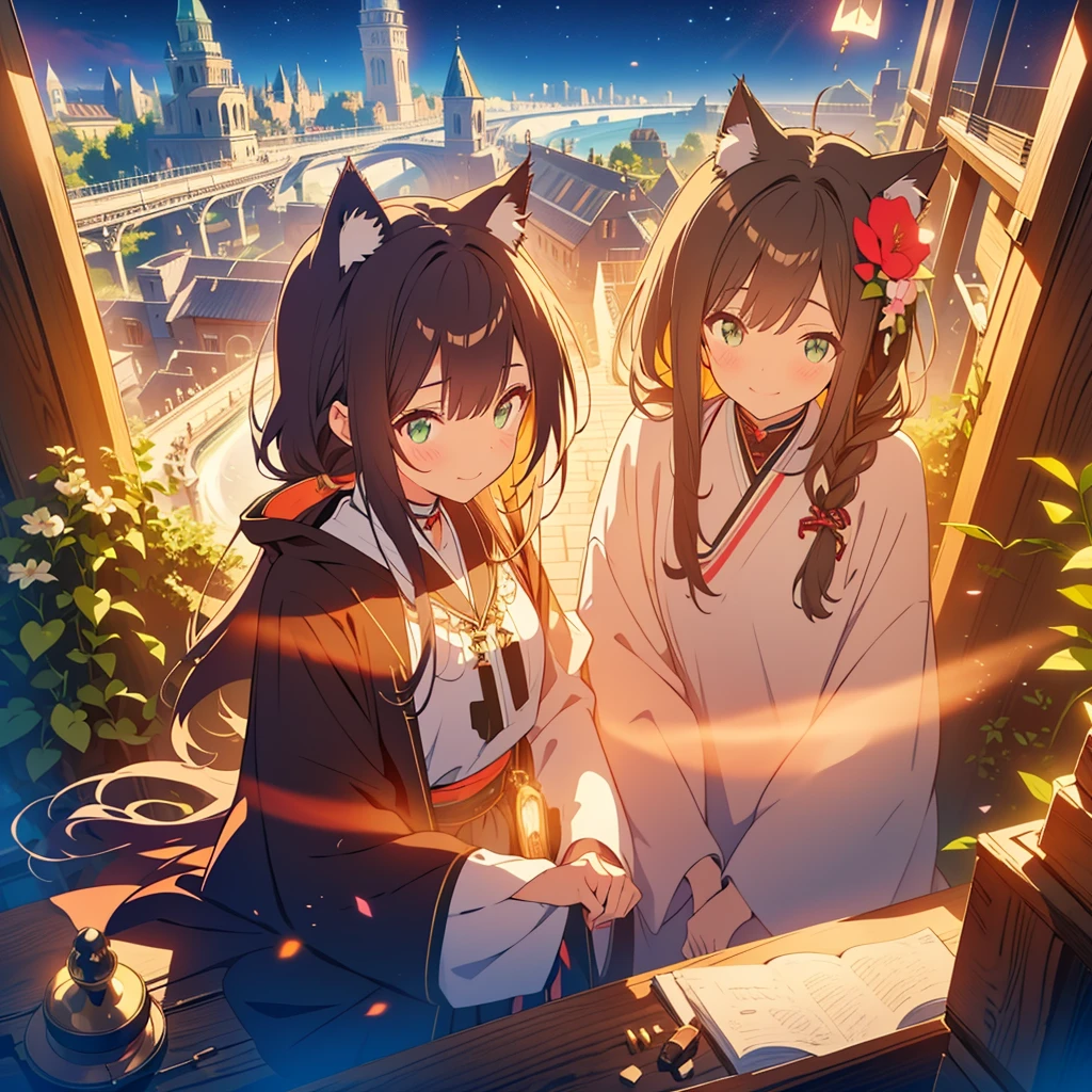 kawaii, anime, Cute, hyper quality, highly detailed, 8k, Front facing, Clarity, brown long hair, green eyes, smile, whole body, Cat ear, amaryllis, Close your eyes and smile with your mouth open, fly in the sky, good sisters, Cat ears stick out from the witch's hat, witch's black robe, fantasy, fog effect, particles of light, Uplifting, magically floating in the air, bird's eye view, flower blooming hill, colorful amaryllis, Cityscape lit with lights, starry sky, clock tower, iris, You can see the cityscape in the distance, night view, western witch, medieval cityscape, cape, amaryllis flower, magic effect, wizard's robe, cat ears, golden eyes,