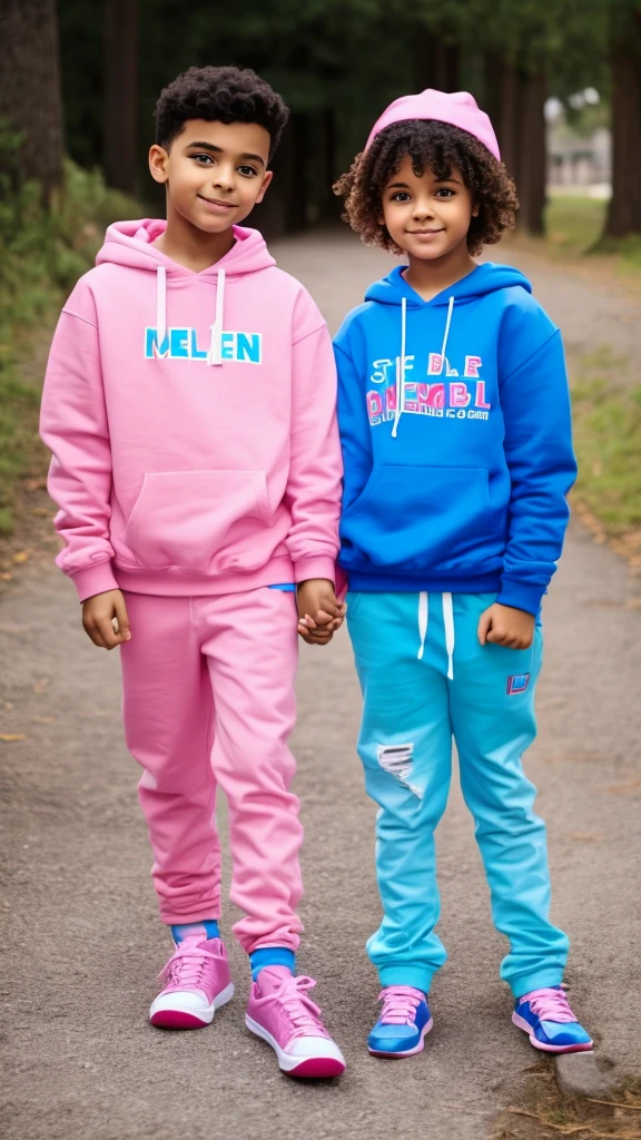 boy and girl holding hands. The boy in the blue sweatshirt and the name "Abel" written on the sweatshirt and the girl in the pink sweatshirt with the name Estela
