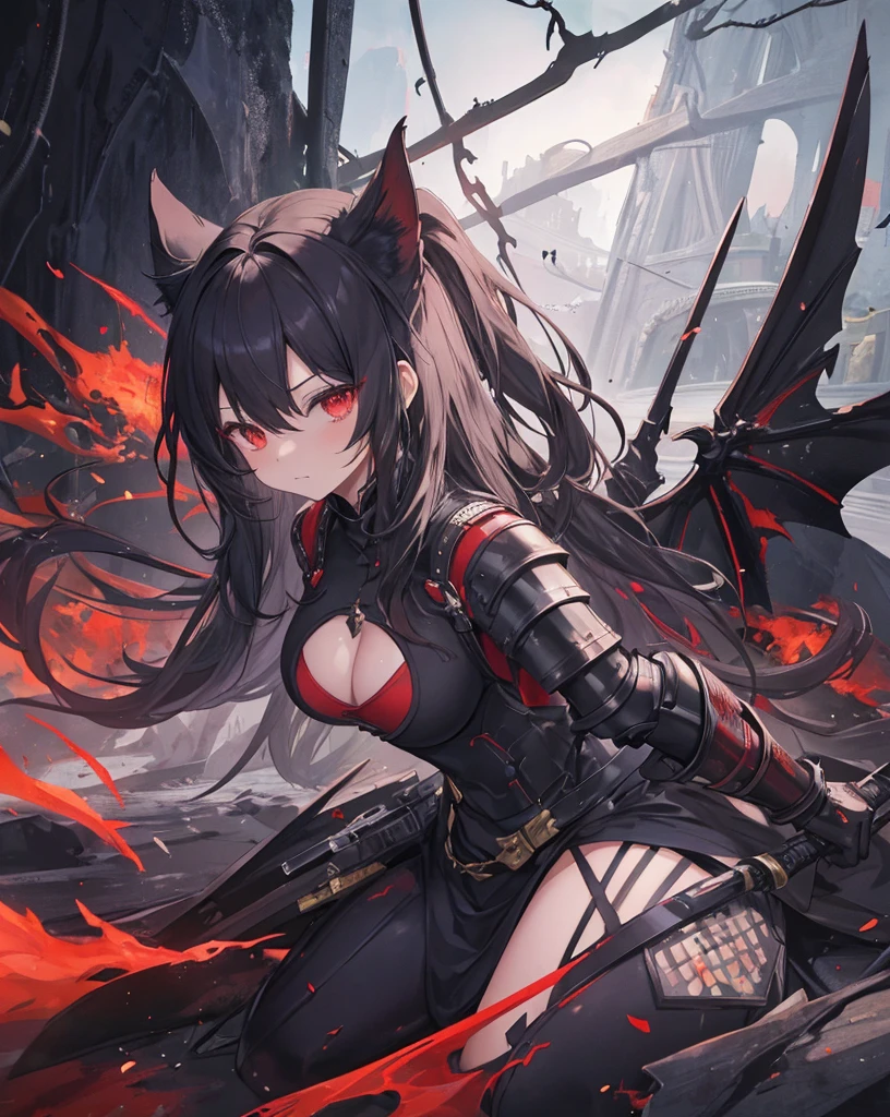 masterpiece, 1catgirl, cat ears, White long hair, Red eyes, intricate Black armour, she is a dragon slayer with a giant dead dragon behind her. She won the fight. Damaged black and Red shirt over the armour. Portrait. Medium breast. 