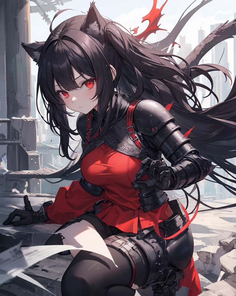 masterpiece, 1catgirl, cat ears, White long hair, Red eyes, intricate Black armour, she is a dragon slayer with a giant dead dragon behind her. She won the fight. Damaged black and Red shirt over the armour. Portrait. Medium breast.