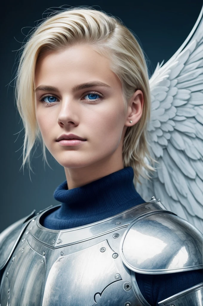 young man with blonde hair combed back. With dark and serious blue eyes, she has multiple diagonal scars that run from one side to the other of her face like scratches. The expression on her face is serene and contemplative. He wears a blue turtleneck sweater with long sleeves that cover his hands. Large white wings extend from his back, like those of an angel, she wears the lower part of a knight's plate armor.