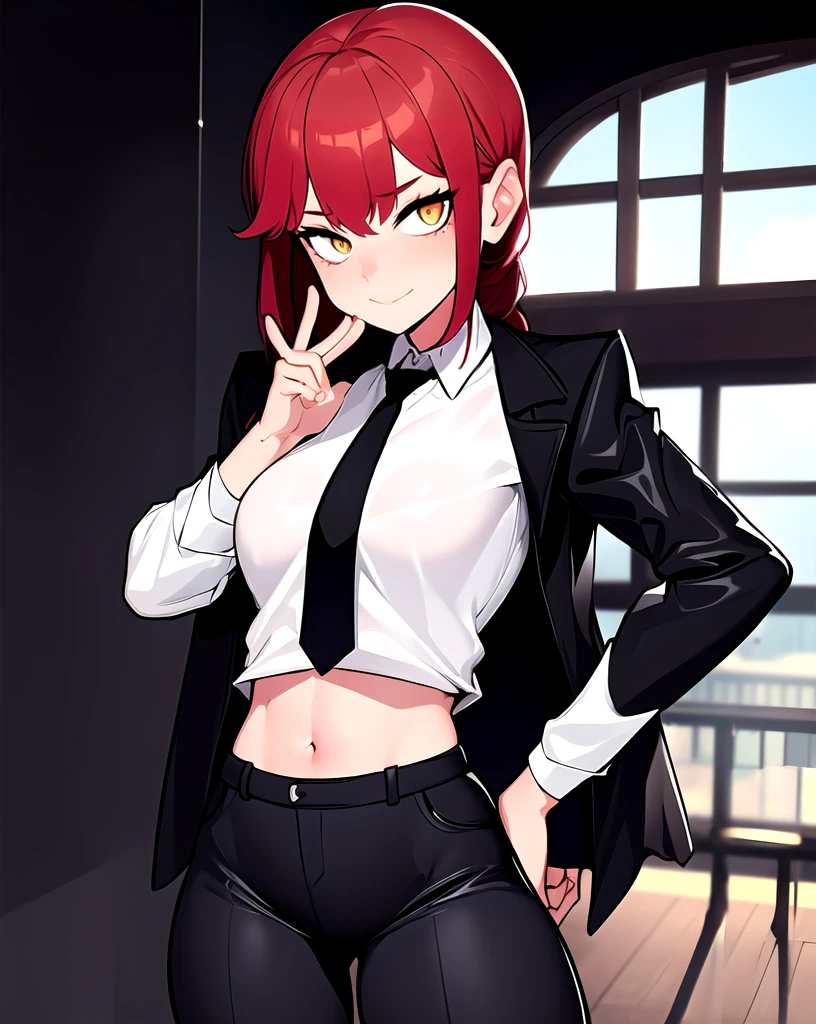makima, full height, dressed in black tight trousers and a white shirt with a black tie, Red hair, , background office, cute face, Ideal figure, flat tummy, extremely cute face