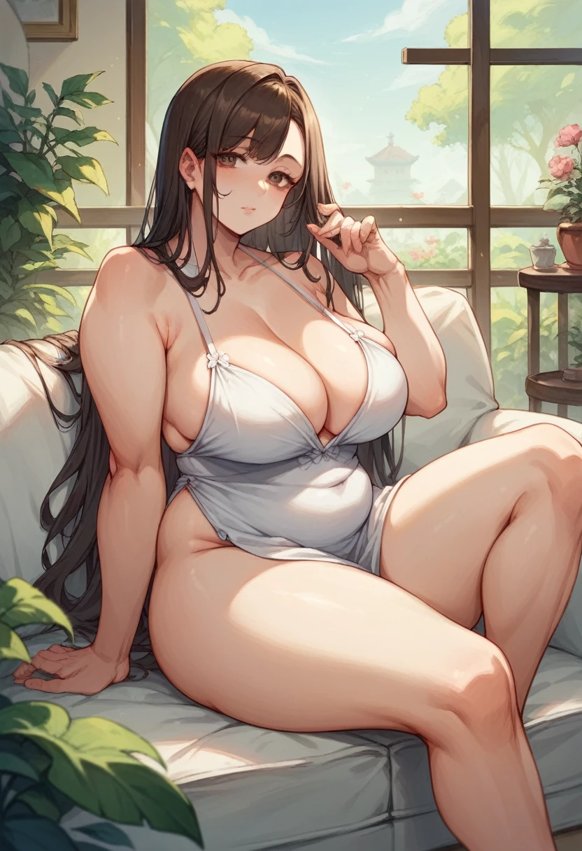 Chubby thic mature pregant japanese wife, brown long hair, Brown eyes, with black summer dress, sitting on white couch, hotel garden, sexy pose, seducing camera