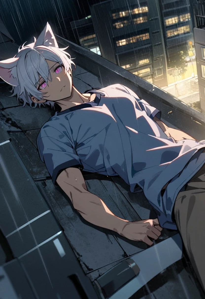  1 men, short white hair, pink eyes, Kitten ears, Hospital Clothes Slightly muscular body, Lying on the ground at the top of a building, at night, raining