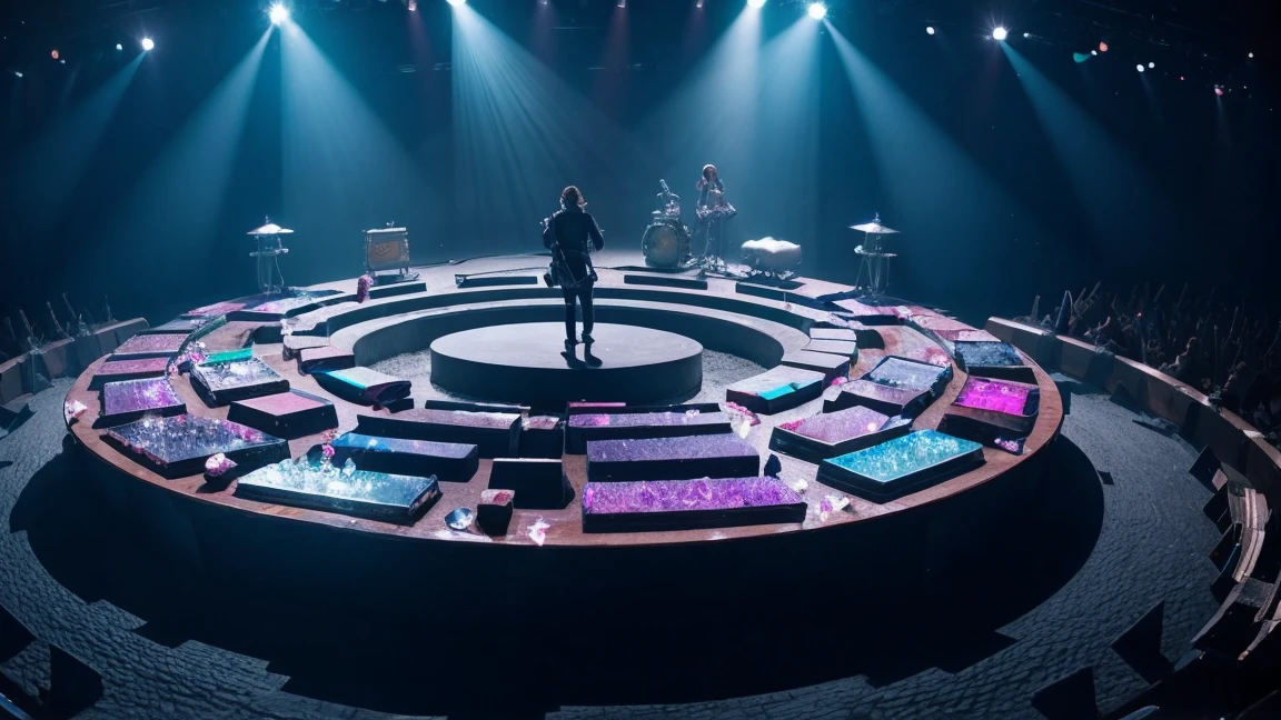 Crystal stones in the shape of a stage on the seabed. On the crystal stage there is a rock band.