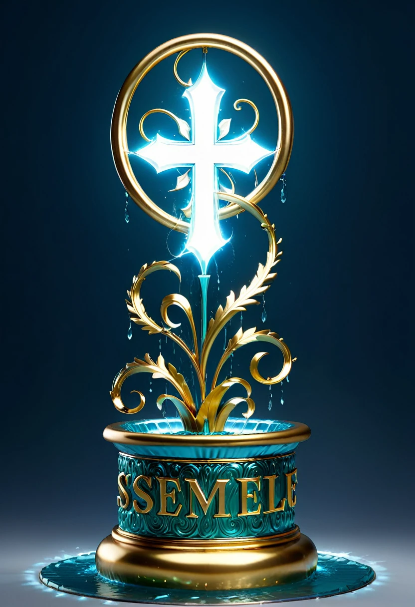 Snell round fountain,capital"SOM",Creative font design,合金steel character,(Design de fonte 3D"SOM":1.8),heavy metal style，metallic art，metallic luster,Metallic texture in the post-industrial era，Crafts made of twisted alloy wire，steel character，golden word，silver letter，metallic words，crystal pendant，Emerald configuration，carefully crafted，Perfect finish，Magic Lightning Background，blue lightning，DESCOBRINDO steel character,There are iron flowers in the words，