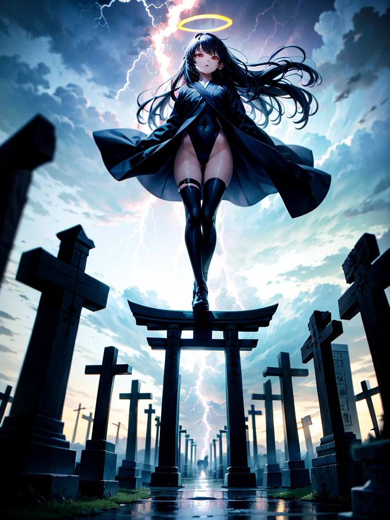 Highest Resolution,Highest quality,A beautiful girl with no expression in a black kimono leotard,(((No legs))),High leg,Floating in the air,Very beautiful red eyes,Black hair semi-long hair,Halo,thunderstorm,Bad weather,Japanese Cemeteries,A road lined with gravestones,1Two Red Torii Gates,Company,Bamboo grove,lightning,Lightning strikes,whole body,up,front,