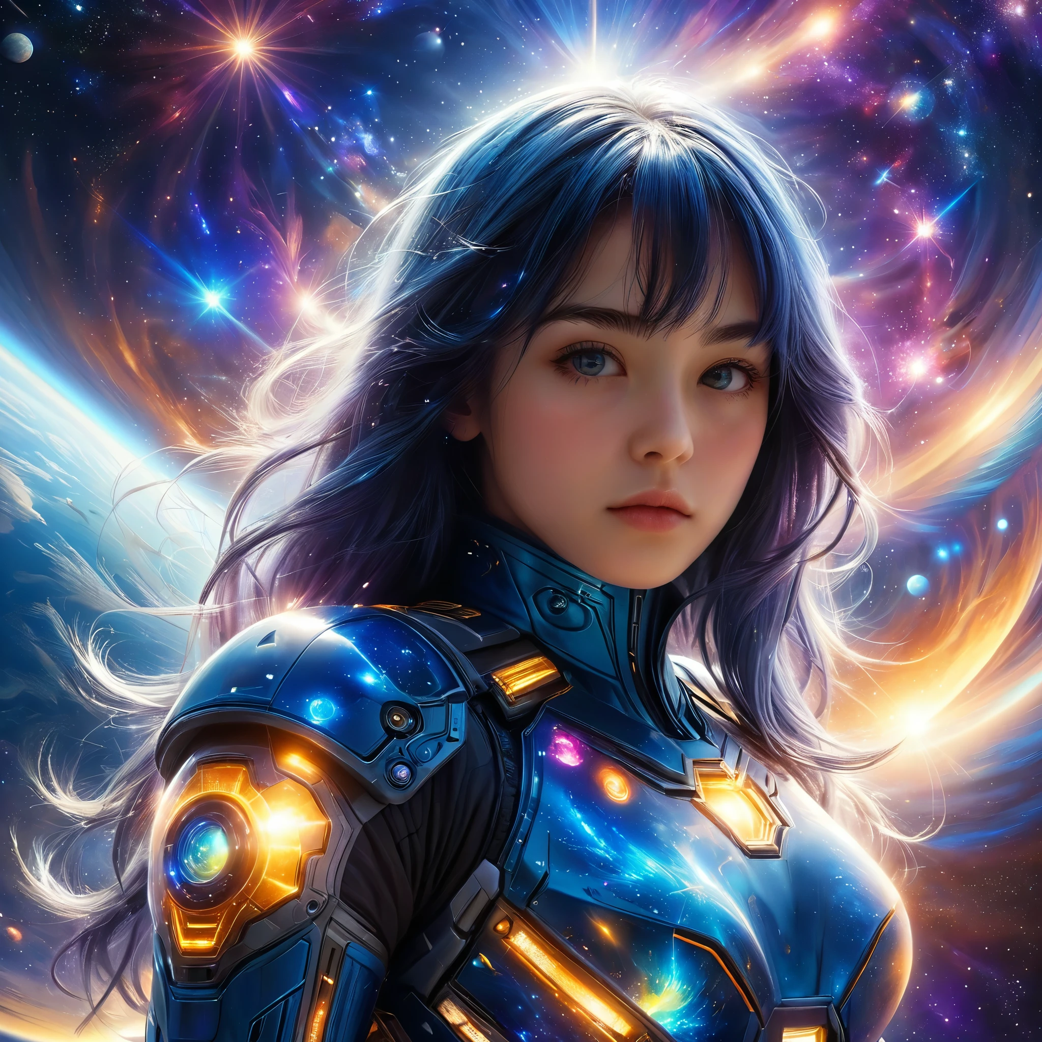 a photo of a handsome girl with long blue hair, bangs, and detailed face looking at the viewer, stunning detailed portrait of anesimar flying in space, detailed galaxy and planets, 4k, best quality, extremely detailed, masterpiece, realistic, photo-realistic, ultra-fine painting, vivid colors, studio lighting