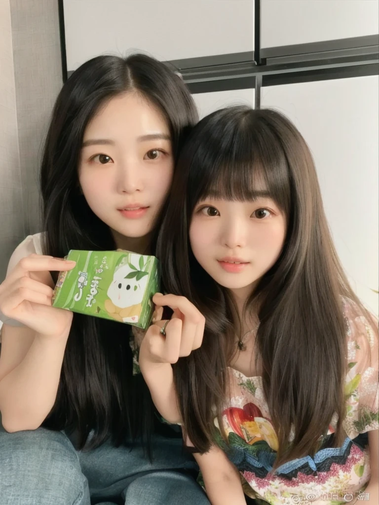 two young women sitting on a couch holding a box of food, lalisa manobal, yoshitomo nara and aya takano, ulzzang, loputyn and matcha, with apple, the hime cut, with ivy, with a kid, with cute - fine - face, mukbang, twintails hairstyle, jaeyeon nam, 🍸🍋