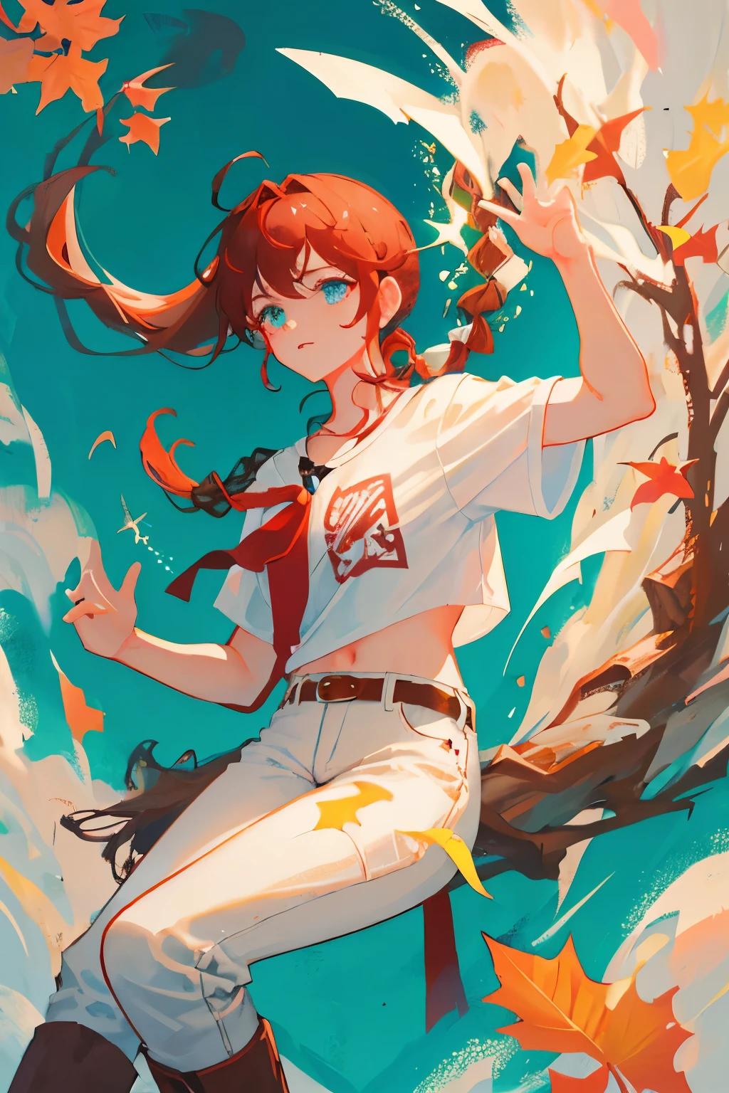 Wearing a white short-sleeved shirt and dark red jeans，With brown high boots，Maple red hair braided into a ponytail and decorated with a blue ribbon，Emerald green eyes sparkle