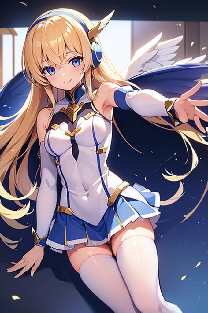 Mecha Wings、White and blue skirt、Accentuated thighs、White tights、chest、Beautiful golden hair、1 girl、solo girl、Thick thighs、is、Frame Arms Girl、Alice Gere Aegis、White Armor、Blue and purple lines、income、headphone、hand on own chest、smile