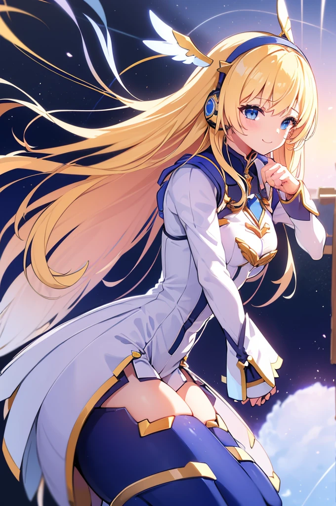 Mecha Wings、White and blue skirt、Accentuated thighs、White tights、chest、Beautiful golden hair、1 girl、solo girl、Thick thighs、is、Frame Arms Girl、Alice Gere Aegis、White Armor、Blue and purple lines、income、headphone、hand on own chest、smile