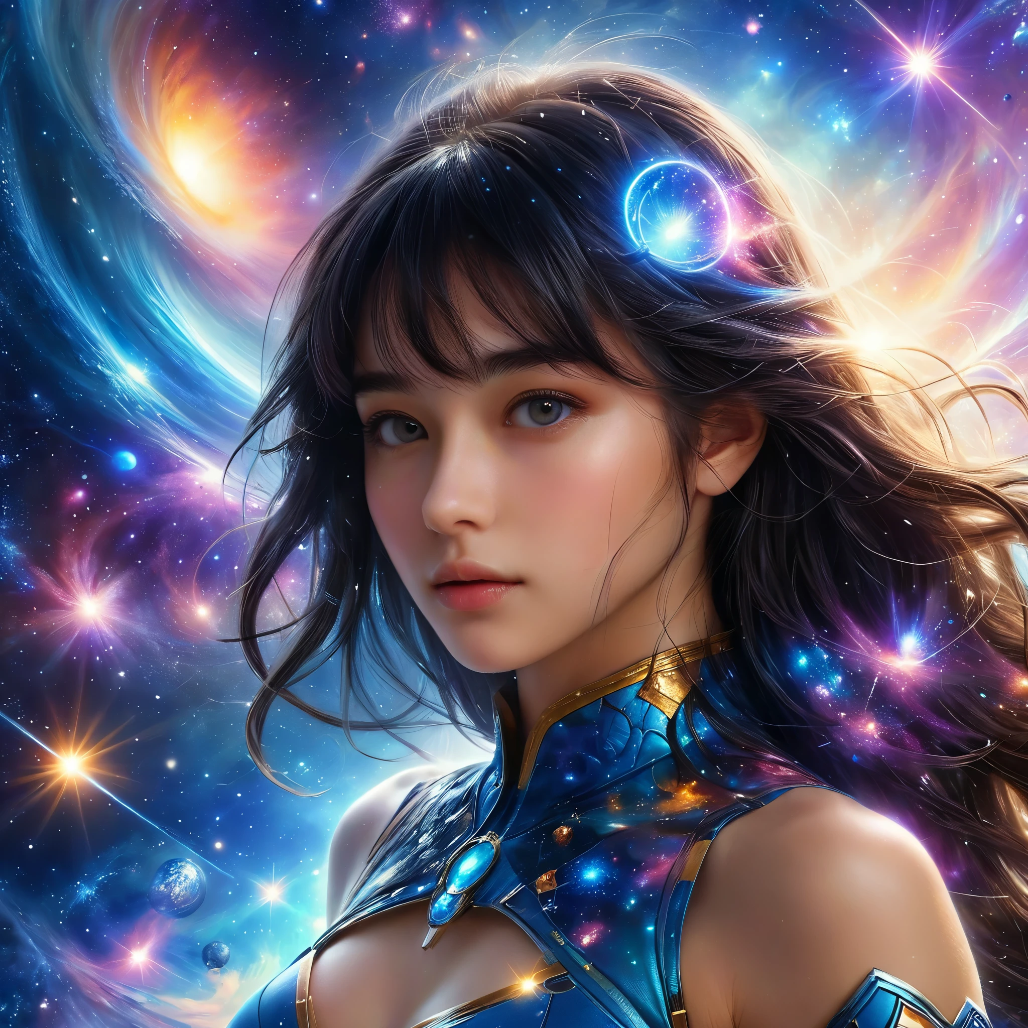 a photo of a handsome girl with long blue hair,  bangs, and detailed face looking at the viewer, stunning detailed portrait of anesimar flying in space, detailed galaxy and planets, 4k, best quality, extremely detailed, masterpiece, realistic, photo-realistic, ultra-fine painting, vivid colors, studio lighting