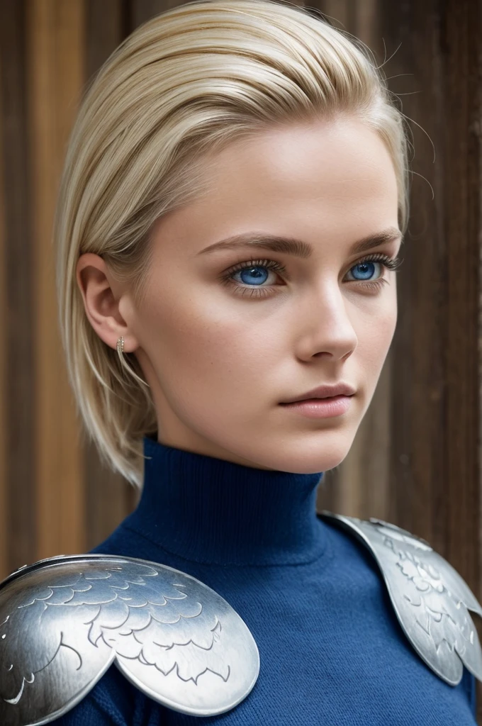 adult young man with blonde hair combed back. With dark and serious blue eyes, she has multiple diagonal scars that run from one side to the other of her face like scratches. The expression on her face is serene and contemplative. He wears a blue turtleneck sweater with long sleeves that cover his hands. Large white wings extend from his back, like those of an angel, she wears the lower part of a knight's plate armor.