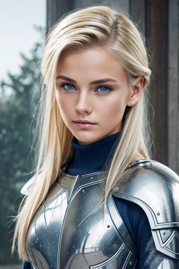adult young man with blonde hair combed back. With dark and serious blue eyes, she has multiple diagonal scars that run from one side to the other of her face like scratches. The expression on her face is serene and contemplative. He wears a blue turtleneck sweater with long sleeves that cover his hands. Large white wings extend from his back, like those of an angel, she wears the lower part of a knight's plate armor.