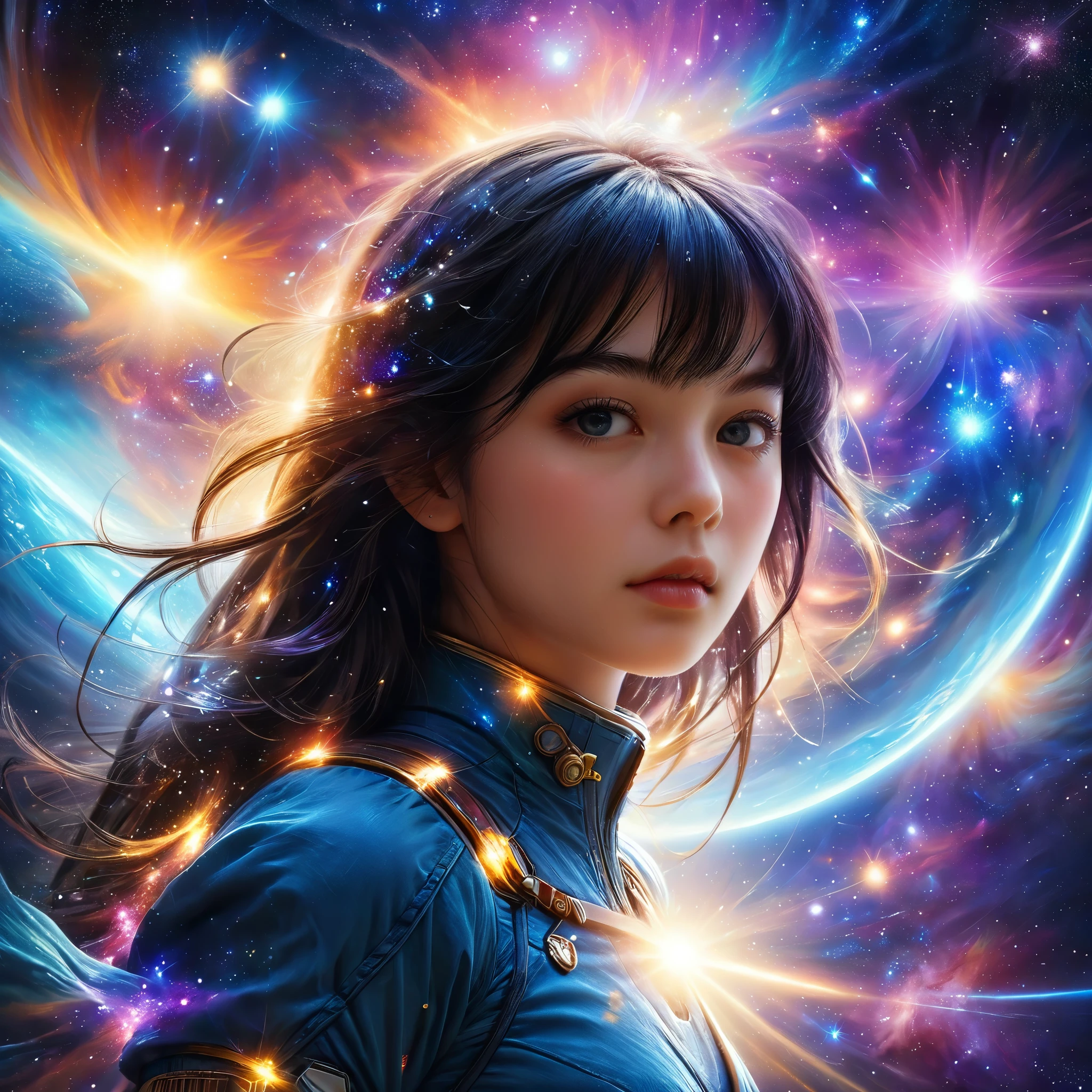 a photo of a handsome girl with long blue hair,  bangs, and detailed face looking at the viewer, stunning detailed portrait of anesimar flying in space, detailed galaxy and planets, 4k, best quality, extremely detailed, masterpiece, realistic, photo-realistic, ultra-fine painting, vivid colors, studio lighting