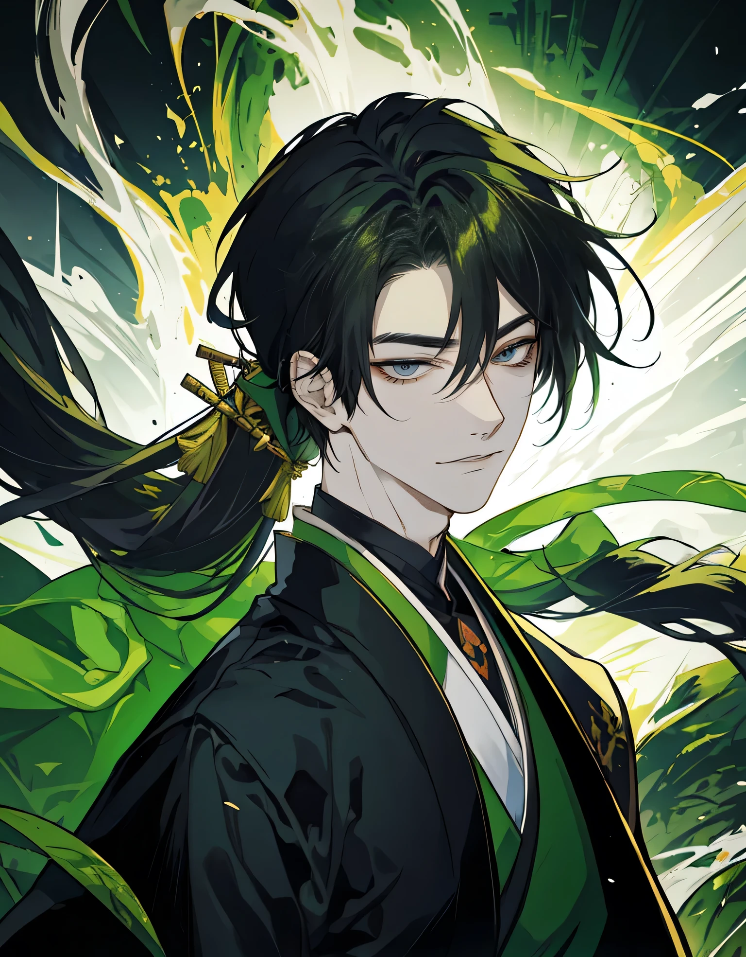Rogue, 1man, fantasy ,longhair, greeneyes, samuraistyle, blackhairhightlightgreen, japan, handsome, 21yearold, earing, smile ,dragger, villianface
