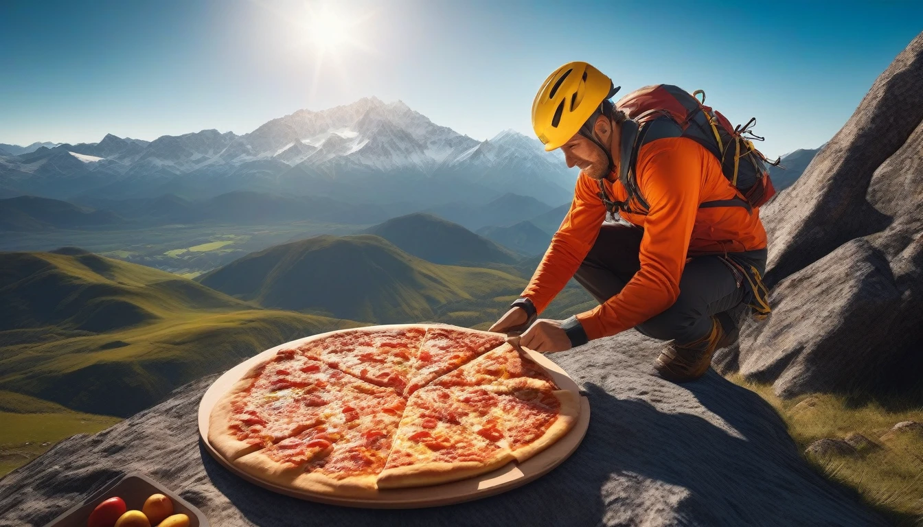 A colorful and eclectic photograph in a photorealistic and cinematic style. A climber in the middle of climbing a very high mountain, enjoying a slice of pizza at a stop seen in full body, further away on the screen, from head to toe. In the background there is a mountain range and the sky is very blue and illuminated by the bright sun. A playful and magical atmosphere, the work presents a layered, three-dimensional quality, as if different elements had been glued to the canvas in a natural and realistic way. The composition evokes a feeling of introspection and complexity of thought. The mixed media feel of the piece contributes to the tactile and immersive experience, inviting the viewer to explore the depths of the climber's thoughts and emotions. Add more, photo, fashion, vibrant, 3D rendering, cinematic, landscape.