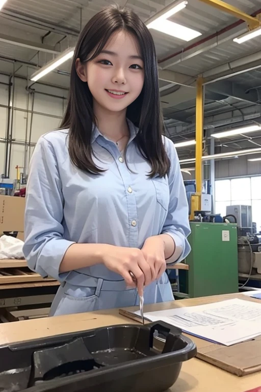 Photo of a 25-year-old korean woman working in the manufacturing industry at a factory, smiling