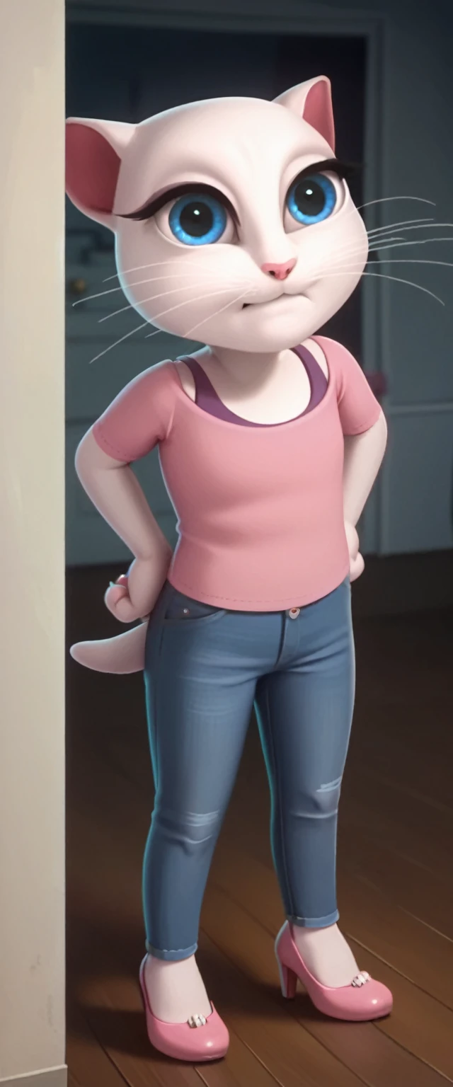 

1 girl, cat, white fur, long whiskers on both sides of the face, large bright blue eyes, large black eyelashes, small pink nose, triangular ears with pink channels.     There are high heels.     1 woman wearing white jeans facing backwards.