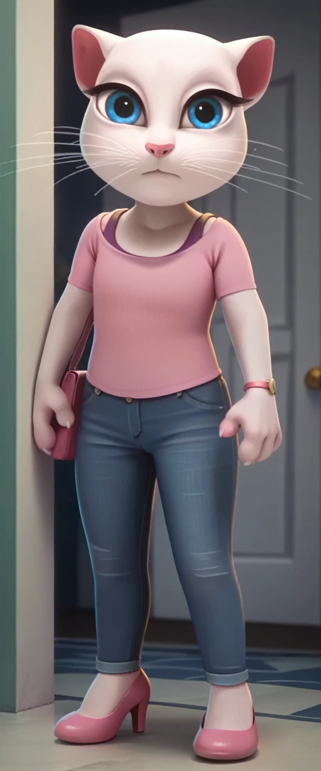 1 girl, cat, white fur, long whiskers on both sides of the face, large bright blue eyes, large black eyelashes, small pink nose, triangular ears with pink channels. There are high heels. 1 woman wearing white jeans facing backwards.