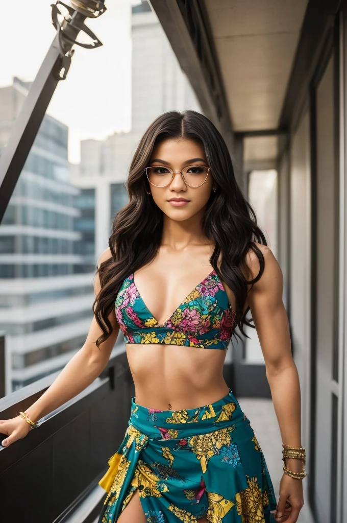 She’s fabulous but cozy, lounging, and blooming, with a sassy, irreverent but smiling, smirking, snarky, youthful expression fit for a CW teen drama show. She looks 25 yo and 5'2": mature ideal body shape, wearing fashionable glasses, Japanese-Colombian, with (flat, athletic, muscular physique like Zendaya and Karol G). Heavy eyeliner. Artistic glamorous makeup and teen acne. Square face. Wild long black hair is Asian-textured, extremely asymmetrical, in a messy flamboyant updo. Tomboyish, flat upper body and chubby build. Wearing exotic experimental posh haute couture for an influencer’s fashion selfie. Stylish, fabulous, daring look, bright colors, high-contrast style. Skirt. Eager moody attitude, and unconventional confident feminine pin-up pose. Ultra depth of field, 8k HD, hypermaximalism, and a full-body golden ratio composition lend the influencer scene an irreverent, sassy tone. Lens flare, dramatic sun lighting, ((Ultra Long Exposure)), intricate details on face, body, & outfit emphasize the cute, youthful beauty