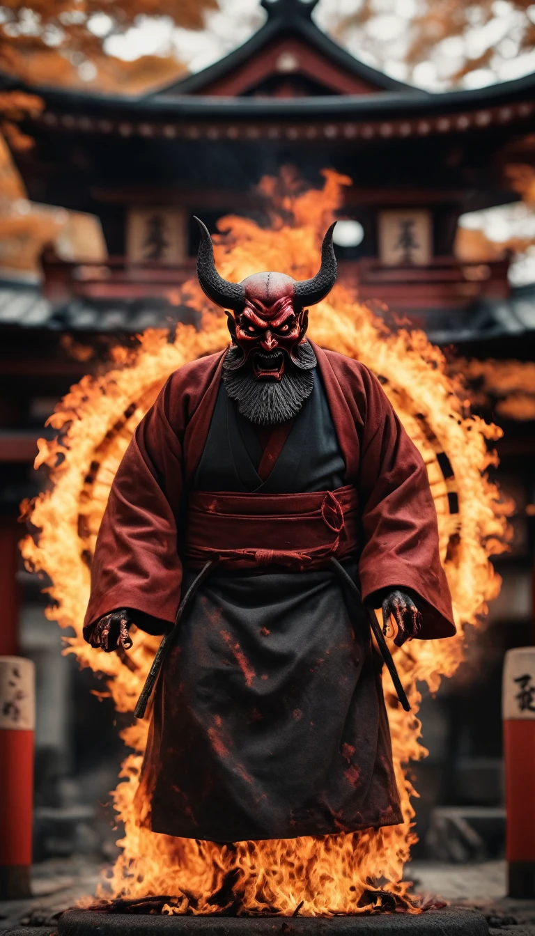 8k,Horror movie photos,,Devil on Wheels、The wheels are on fire,A severed head in the middle of the wheel,No body,Beard on face,The background is a Japanese shrine,Shallow depth of field, Vignette, Very detailed, High budget, Bokeh, CinemaScope, Sulky, amazing, nice, Film Grain, Creepy, Anxious, dark, Creepyな, Suspenseful, strict, Very detailed 情報