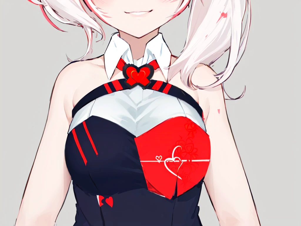 anime girl with white hair and a red heart on her chest, yandere. tall, junko enoshima from danganronpa, gapmoe yandere, yandere, digital art from danganronpa, yandere intricate, [[[[grinning evily]]]], attractive matoi ryuko, kantai collection style, heart emblem on chest,  intricate, graceful, highly detailed, majestic, digital photography, hyper realistic, Masterpiece, Best Quality, All parts of the body except the face and hands are covered with clothing, Best Quality, paint splatter,