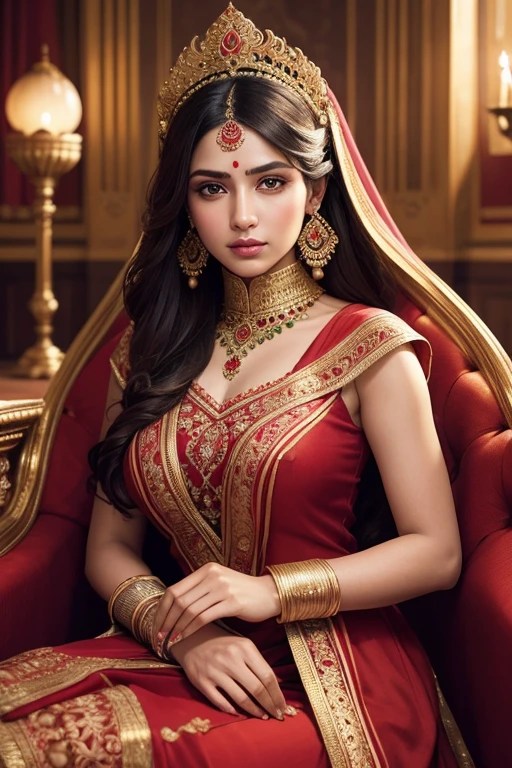 1girl,royal throne,mughal darbar,beautiful girl in red sharara dress,detailed face,beautiful eyes,detailed nose,detailed lips,longeyelashes,intricate jewelry,elaborate headdress,ornate throne,luxurious surroundings,rich fabric textures,warm lighting,dramatic shadows,highly detailed,photorealistic,cinematic composition,vibrant colors,moody atmosphere,classical indian art style