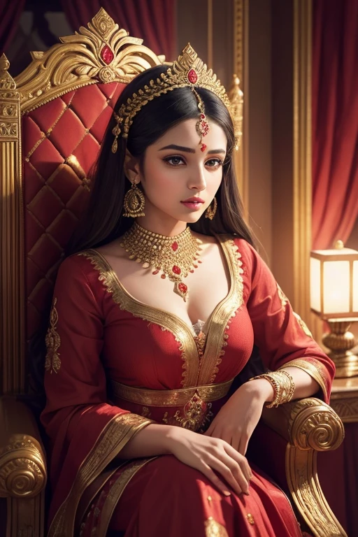 1girl,royal throne,mughal darbar,beautiful girl in red sharara dress,detailed face,beautiful eyes,detailed nose,detailed lips,longeyelashes,intricate jewelry,elaborate headdress,ornate throne,luxurious surroundings,rich fabric textures,warm lighting,dramatic shadows,highly detailed,photorealistic,cinematic composition,vibrant colors,moody atmosphere,classical indian art style