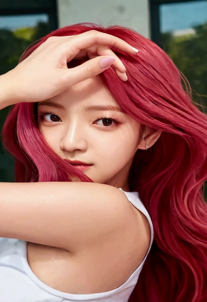 a close up of a woman with red hair posing for a picture, portrait jisoo blackpink, jisoo of blackpink, jisoo from blackpink, sun yunjoo, with red hair, portrait of jossi of blackpink, tzuyu from twice, glowing crimson head, jossi of blackpink, park ji-min, red dyed hair, with pink hair, she has red hair