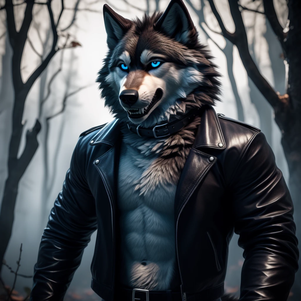 Posing, Male, 30 years old, eyeliner, black leather jacket, anthro, wolf ears, (black fur:1.5), wolf, forest background, 8k, hi res, (best quality, masterpiece), (wolf tail:1.5), detailed fur, solo, blue jeens, blue eyes, collar, evil grin, crazy expression, barring teeth