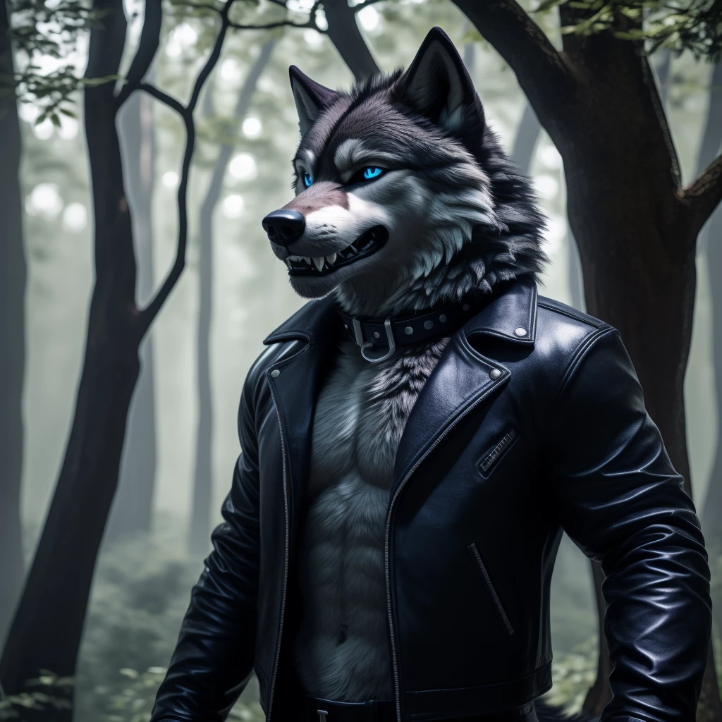 Posing, Male, 30 years old, eyeliner, black leather jacket, anthro, wolf ears, (black fur:1.5), wolf, forest background, 8k, hi res, (best quality, masterpiece), (wolf tail:1.5), detailed fur, solo, blue jeens, blue eyes, collar, evil grin, crazy expression, barring teeth