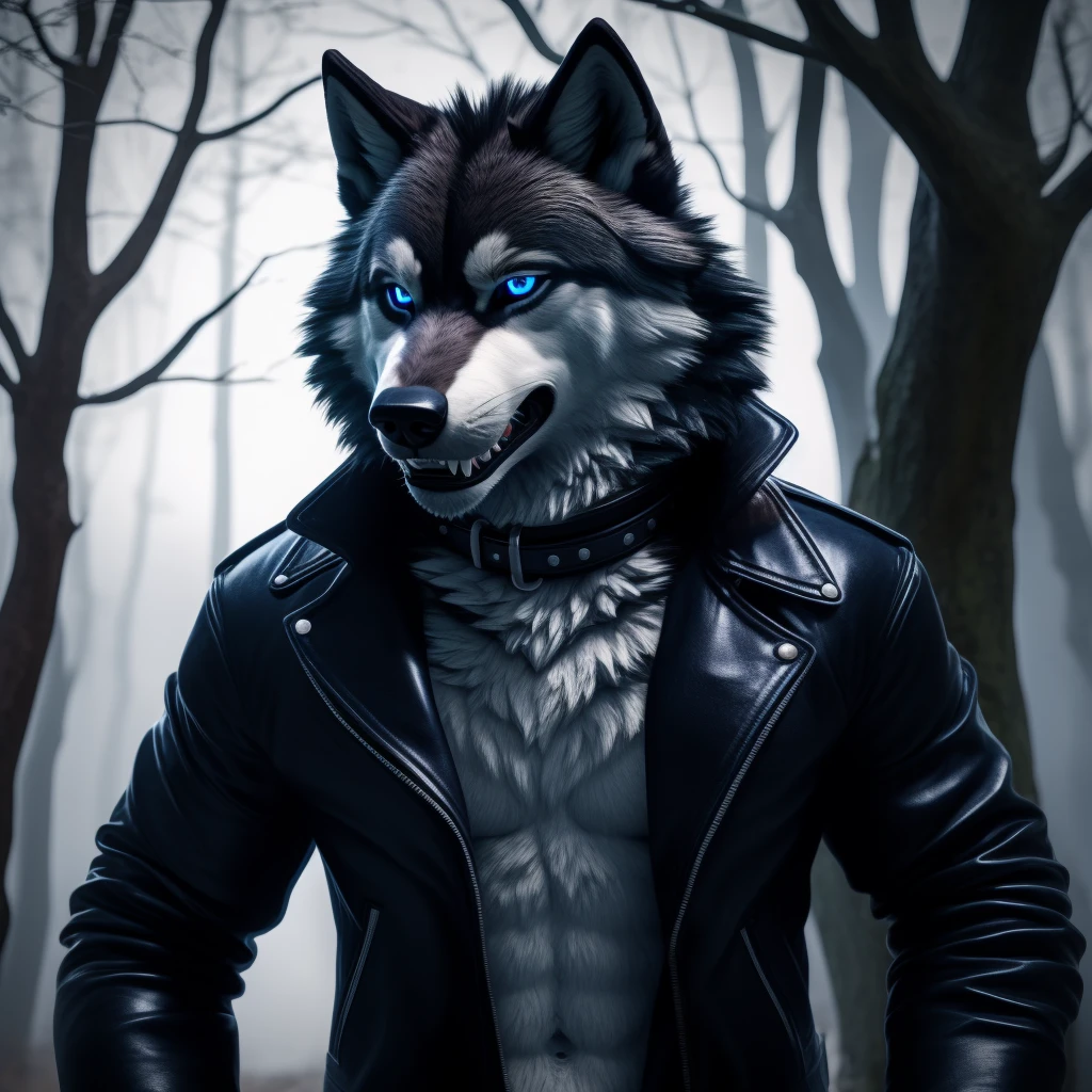 Posing, Male, 30 years old, eyeliner, black leather jacket, anthro, wolf ears, (black fur:1.5), wolf, forest background, 8k, hi res, (best quality, masterpiece), (wolf tail:1.5), detailed fur, solo, blue jeens, blue eyes, collar, evil grin, crazy expression, barring teeth