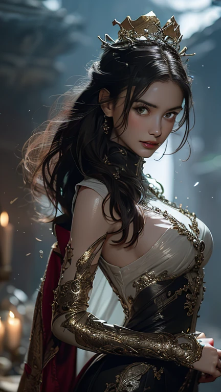Portrait of a Spiritual Goddess, 1 Sexy Woman, Big swinging bust, complicated, elegant, Very detailed, Digital Painting, artステーション, コンセプトart, Smooth, Sharp focus, shape, artジャム、Greg Rutkowski、Alphonse Mucha、William Adolphe Bouguereau、art:Stephanie Law , Magnificent royal background, large crown, Royal Jewel, robot, nature, Full Shot, Symmetric, Greg Rutkowski, Charlie Bowwater, beep, Unreal 5, Surreal, Dynamic Lighting, ファンタジーart, complicatedな色, Colorful magic circle, flash, Lightning, Light, Shining castle