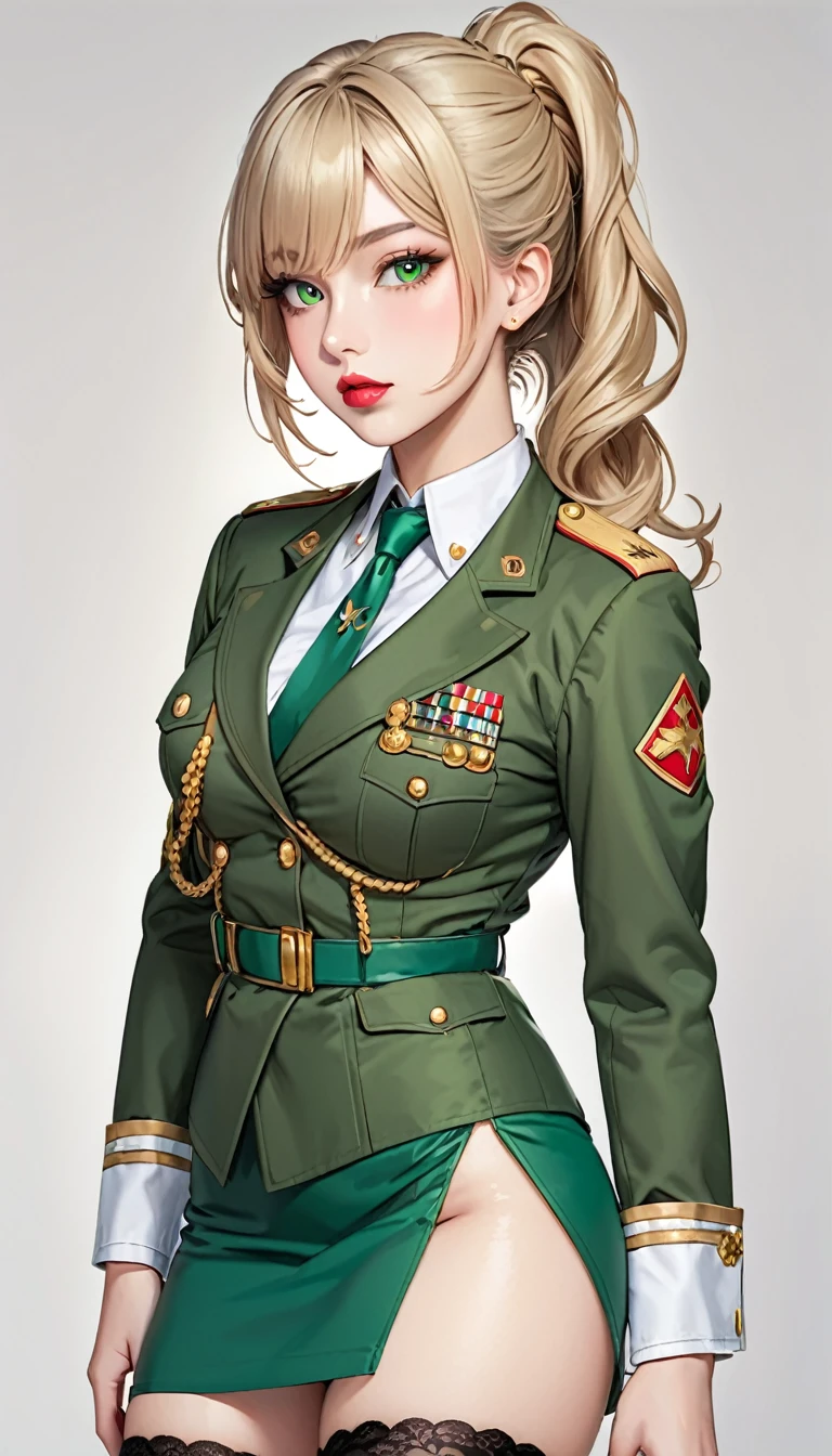 highest quality、16K high resolution、Super detailed、masterpiece、Live shooting、realistic:1.4、hyper realism:1.4、sharp focus、very delicate and beautiful、small details、1 female、(european:1.2)、(blonde)、(Skirt lift:1.3)、(no panties:1.3)、(nsfw:1.1)、 (standing, front)、(super beautiful)、(beautiful face:1.5)、(ponytail, stockings)、(detailed face)、(fine and beautiful eyes)、Perfect round eyes、(detailed lips)、Lipstick、(eyeliner)、mascara、eye shadow、(military uniform, green pencil skirt,)、white shirt、green suit, tie、At NSFW
