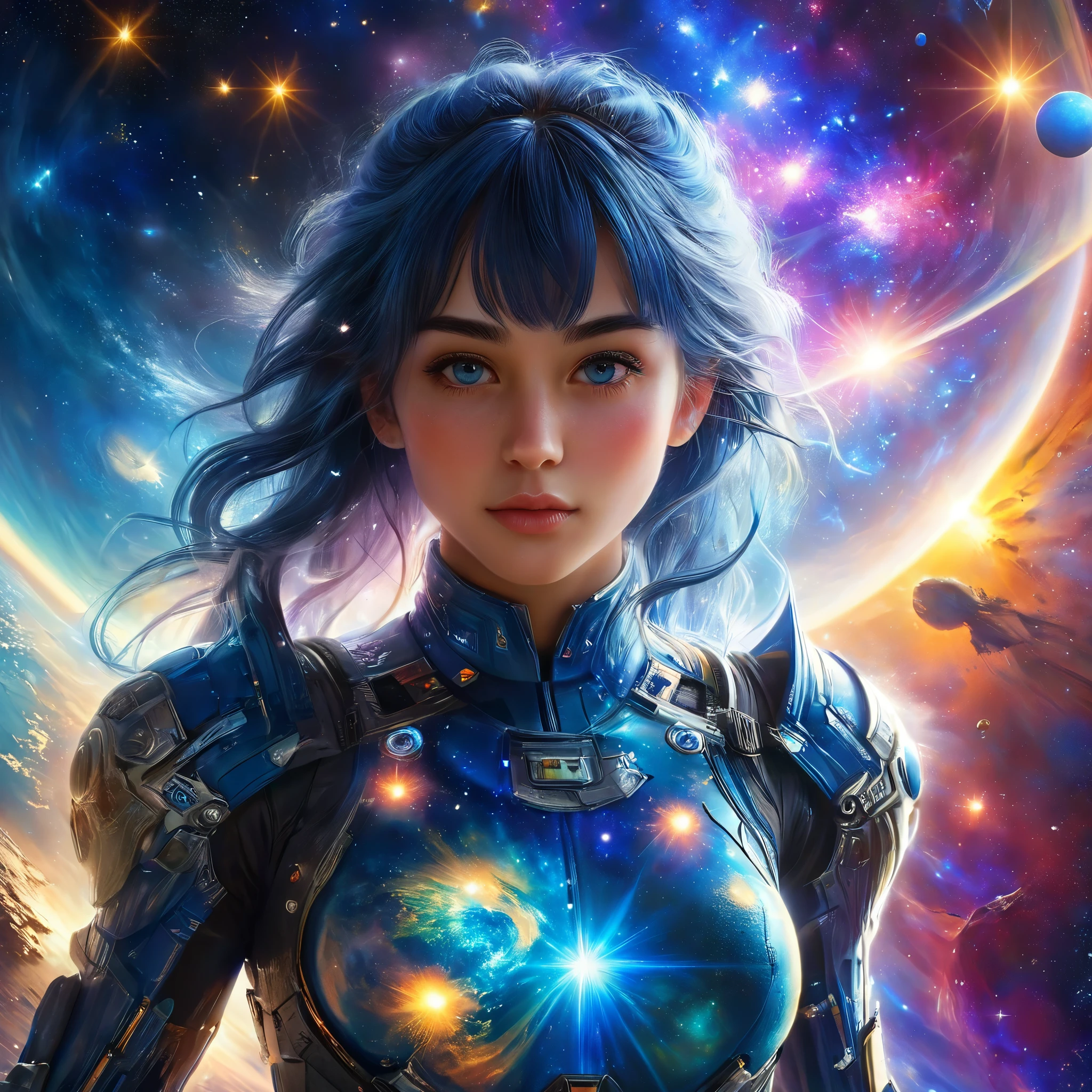 a photo of a handsome girl with long blue hair,  bangs, and detailed face looking at the viewer, stunning detailed portrait of anesimar flying in space, detailed galaxy and planets, 4k, best quality, extremely detailed, masterpiece, realistic, photo-realistic, ultra-fine painting, vivid colors, studio lighting