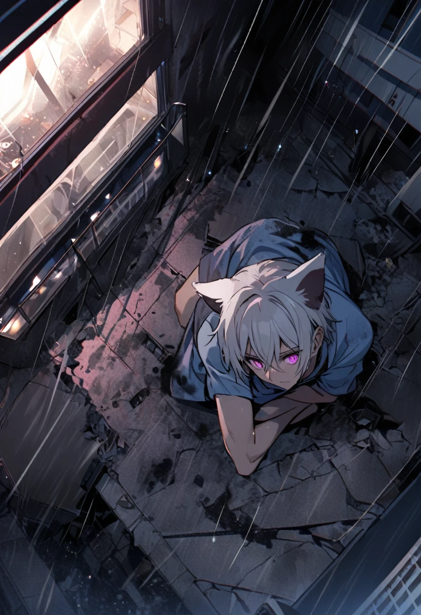 1 men, short white hair, pink eyes, Kitten ears, Hospital Clothes Slightly muscular body, Lying on the ground at the top of a building, at night, raining, view from above, Destroyed premises, Bruised body