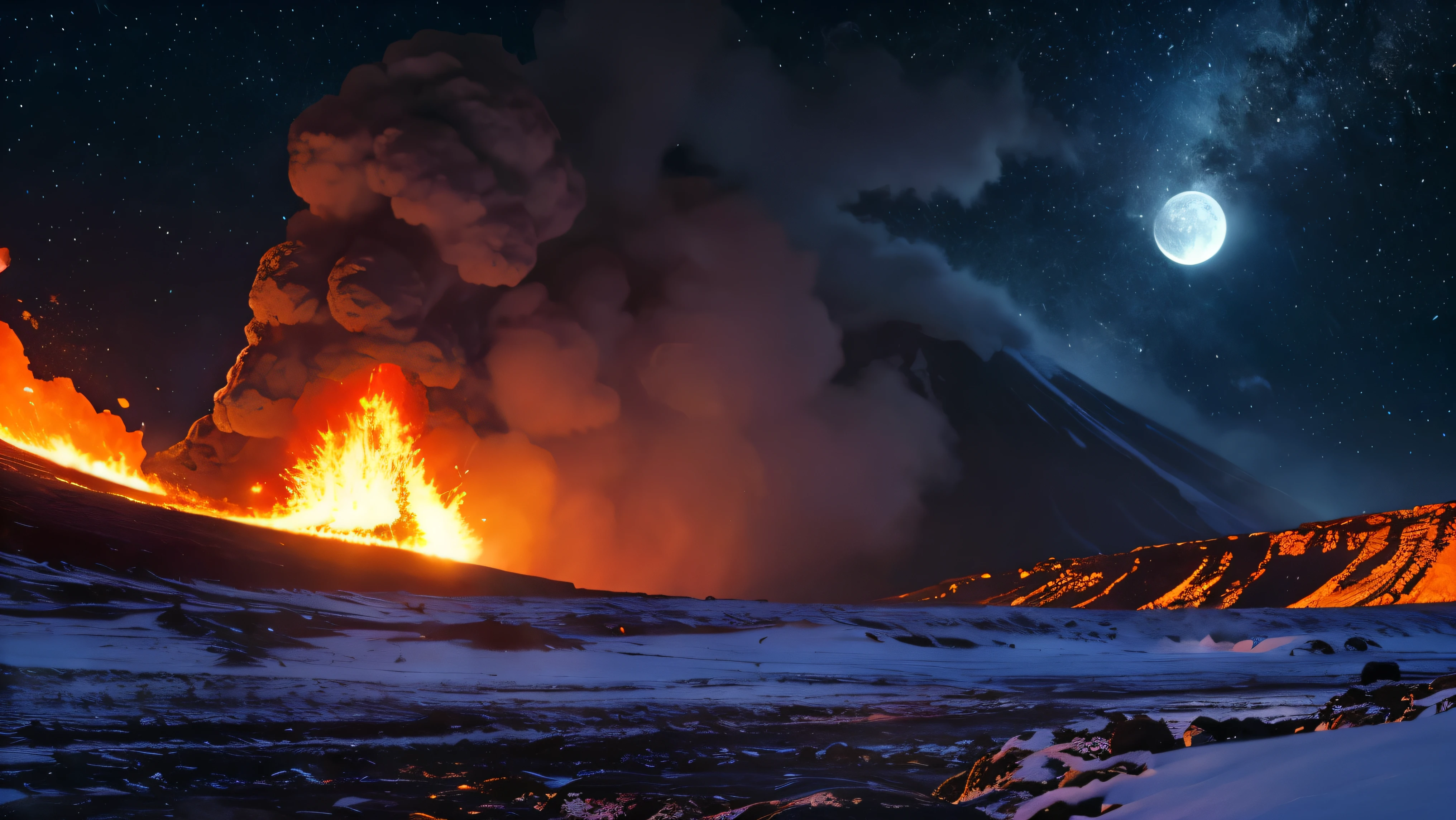 (Realistic, Photorealistic:1.4), Beautiful illustration, Kilauea volcano, Lava flow, Snow Scene, starry sky, full moon, midnight