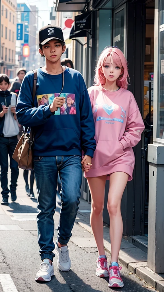 boy and girl holding hands. The boy in the blue sweatshirt and the name written text "Abel" written on the sweatshirt and the girl in the pink sweatshirt with the name Estela