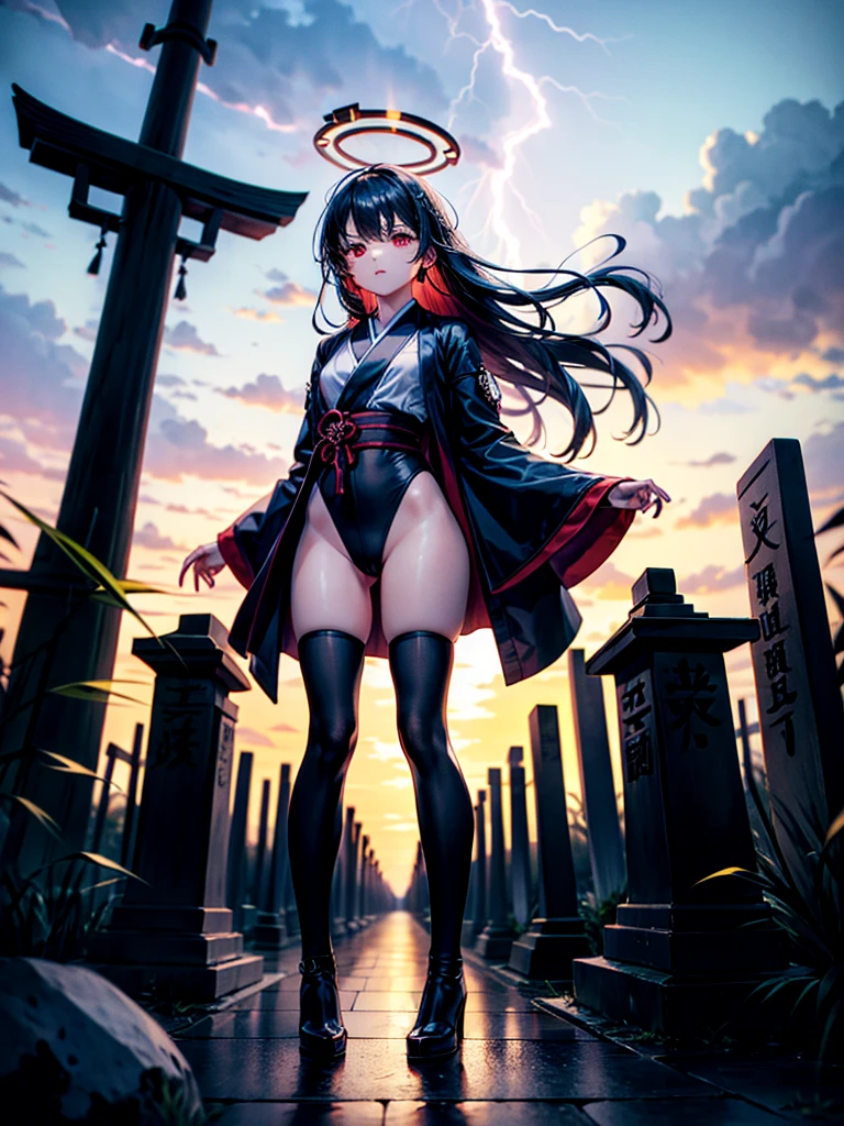 Highest Resolution,Highest quality,A beautiful girl with no expression in a black kimono leotard,(((No legs))),High leg,Floating in the air,Very beautiful red eyes,Black hair semi-long hair,Halo,thunderstorm,Bad weather,Japanese Cemeteries,A road lined with gravestones,1Two Red Torii Gates,Company,Bamboo grove,lightning,Lightning strikes,whole body,up,front,
